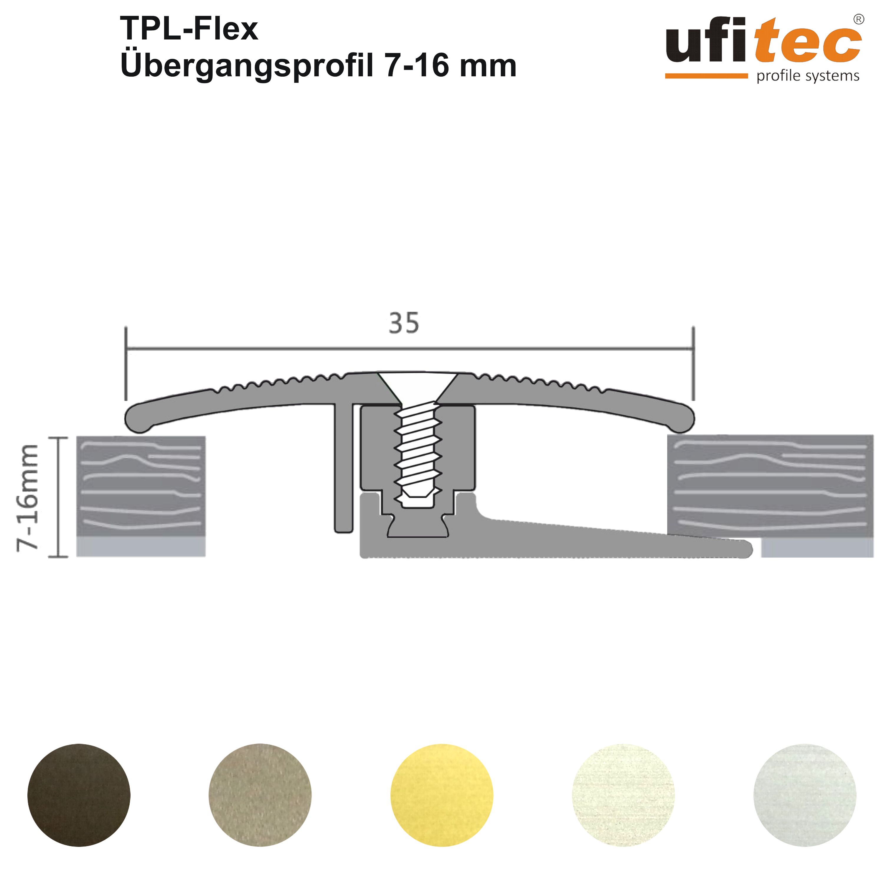 Ufitec Profielsysteem voor parket- en laminaatvloeren, voor vloerbedekkingen van 7-16 mm hoogte, vele kleuren leverbaar, overgangsprofiel, 90 cm lang, 45 mm breed, zilver
